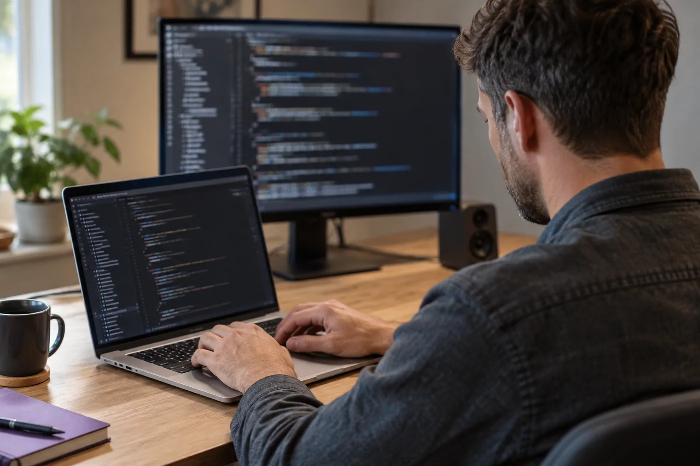 A developer working at a laptop and desktop screen