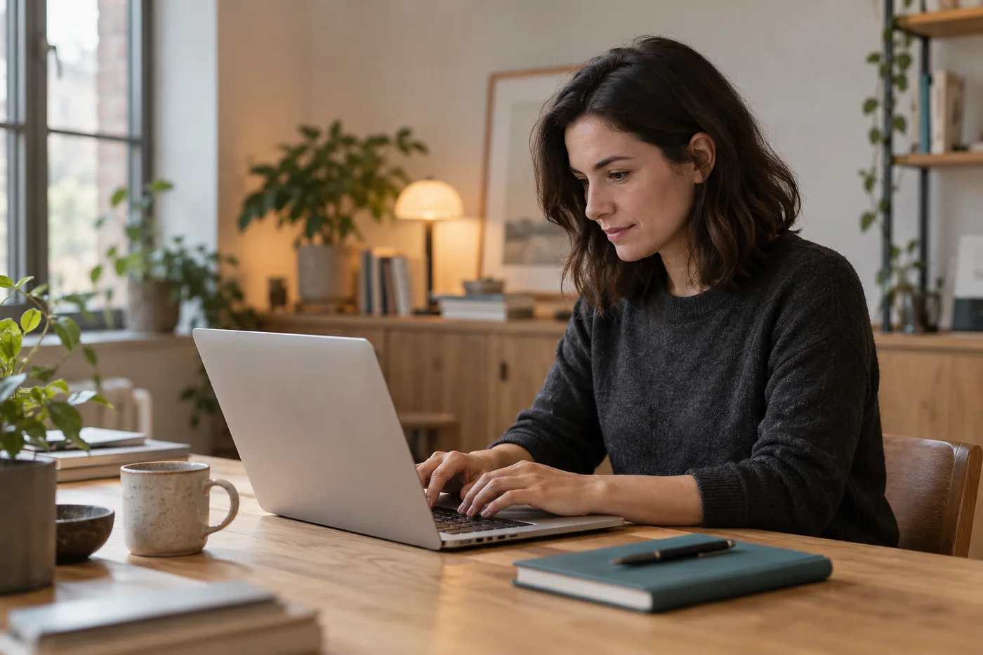 A woman working on a laptop in a naturally lit workspace